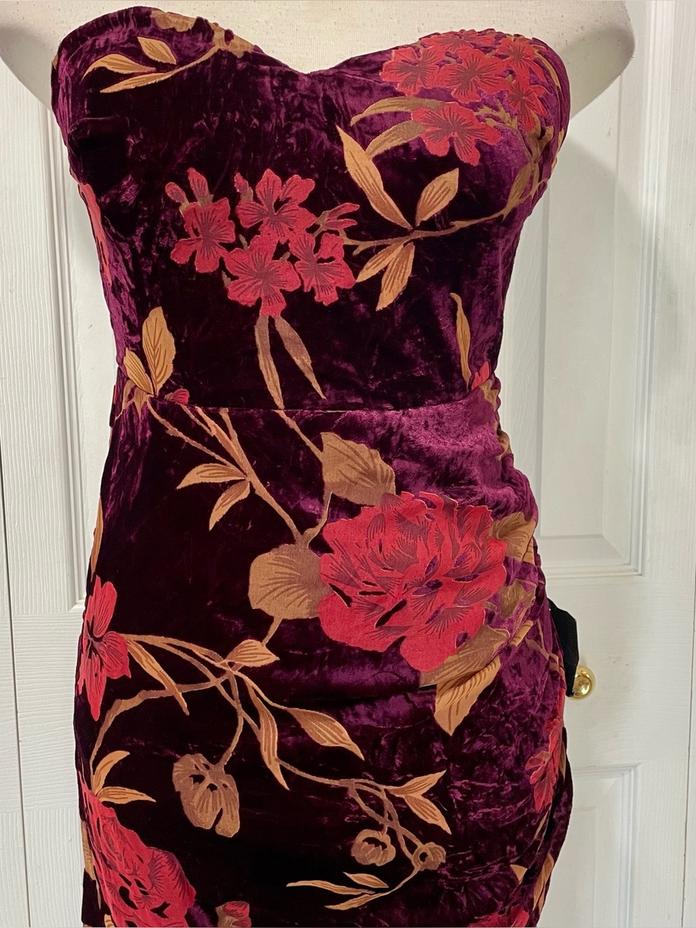 Lulu's Velvet Strapless Dress with Red & Tan Floral Print